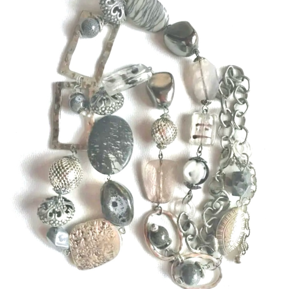 CHICO’S Runway Silver Tone, Black, Various  Stones Long Chain Necklace B…